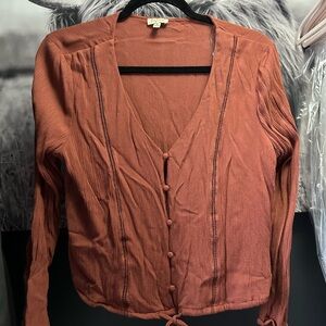 Lily White Rust-Orange Button Front V-Neck Top